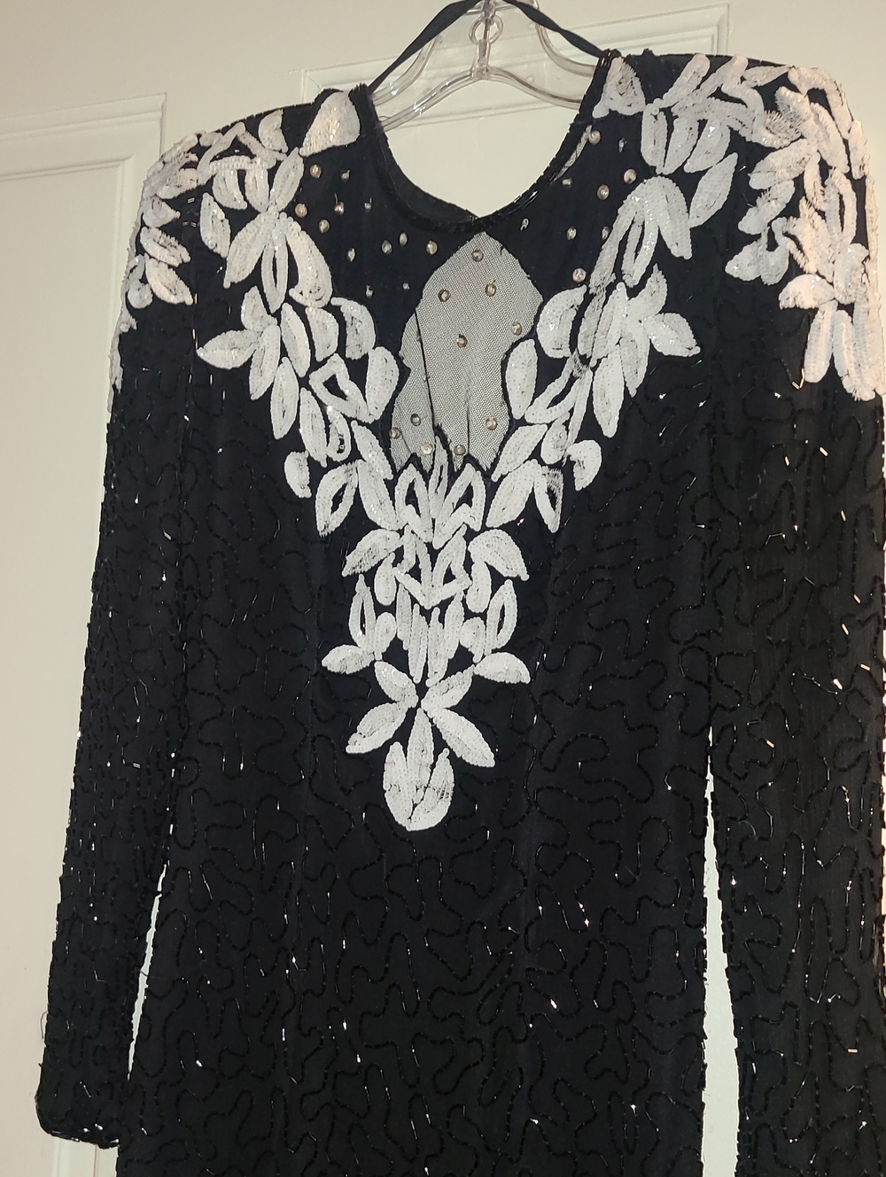 Scala Black Dress with White Beaded Floral Appliqué